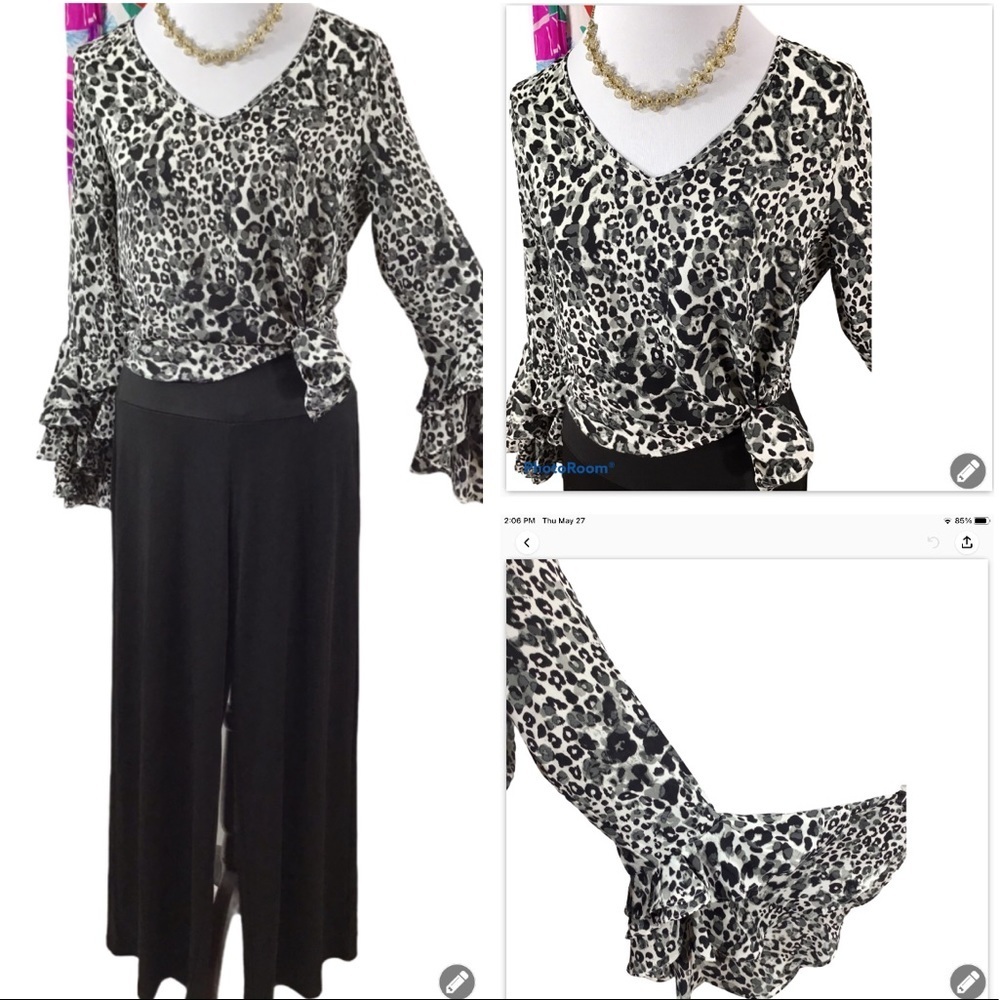 Cupio leopard ruffled bell sleeve top S